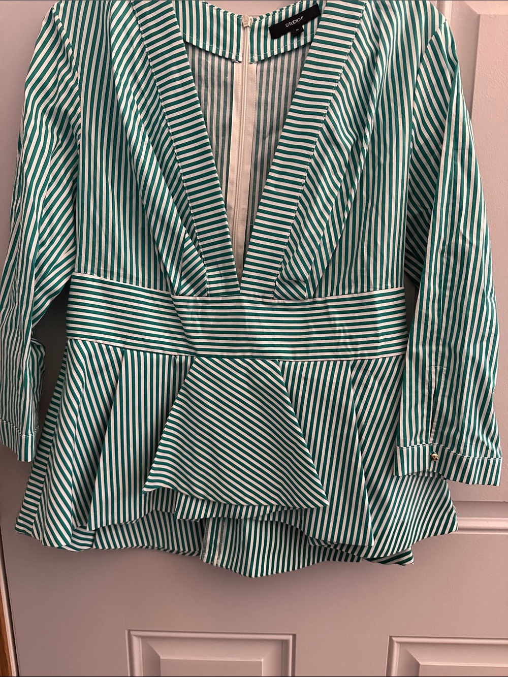 Green and White Striped Peplum Blouse -